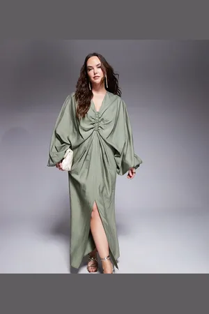ASOS ASOS DESIGN Curve plunge elasticated maxi dress with blouson sleeve in soft khaki