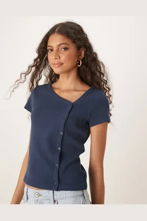 ASOS ASOS DEISGN waffle asymmetric button up long sleeve top in