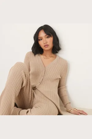 VILA Longline ribbed cardigan co-ord in tan