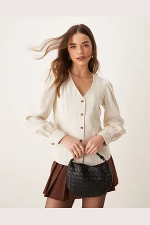VILA Button front fitted blouse in birch cream