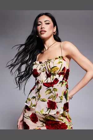 Rare Fashion London tie bust detail cami top co-ord in beige rose print