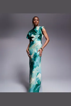 ASOS ASOS DESIGN Tall satin drape asymmetric cutout midi dress in abstract print