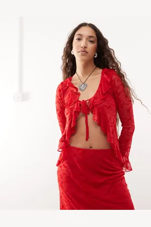 Reclaimed Flocked mesh tie front top co-ord in cherry
