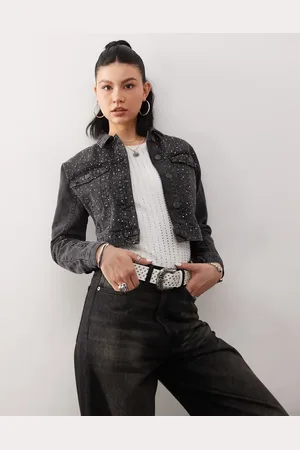 Noisy May Cropped denim jacket with rhinestones in