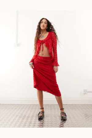 Reclaimed Flocked mesh midi skirt co-ord in cherry