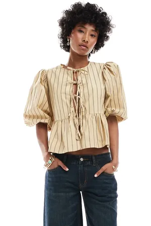 Glamorous Smock top with bow front in beige brown stripe