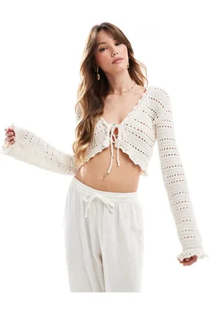 Bershka Crochet tie front top in ecru