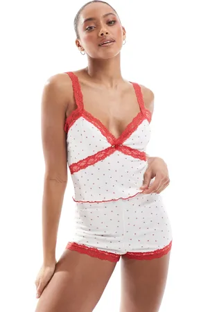 The Frolic Exclusive pointelle red lace trim cami pyjama top co-ord in heart print