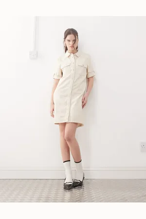 Noisy May Rolled sleeve denim mini dress in cream