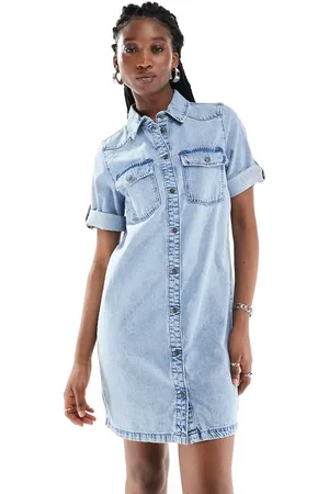 Noisy May Rolled sleeve denim mini dress in light blue wash