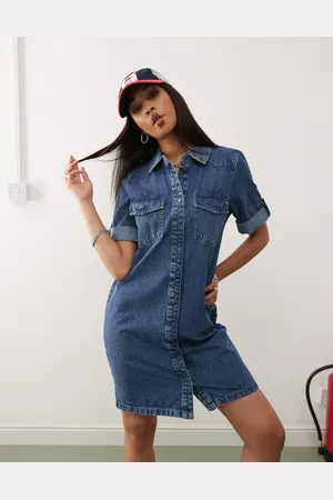 Noisy May Rolled sleeve denim mini dress in mid wash