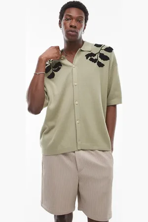 Topman Embroidered floral knitted shirt in sage and black