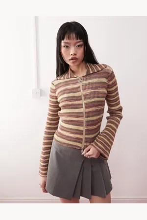 Monki Spacedye zip through cardigan in brown and yellow stripe