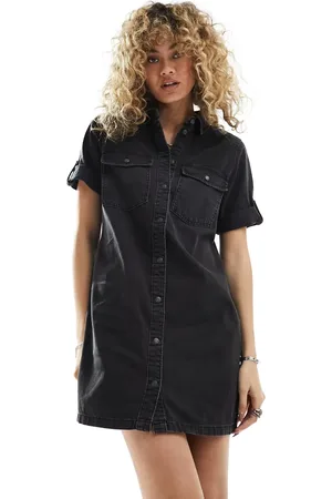 Noisy May Rolled sleeve denim mini dress in washed