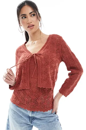 VERO MODA Cropped crochet cardigan co-ord in terracotta