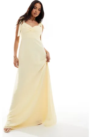 Six Stories Bridesmaid bow shoulder chiffon maxi dress in lemon