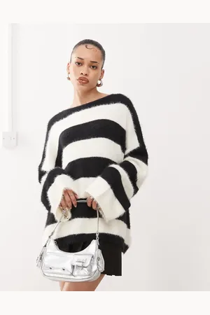 Motel Daya striped fluffy jumper in ivory and black