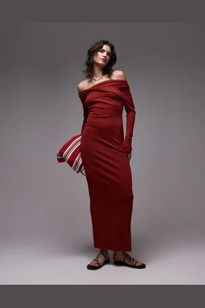 Topshop Bardot twist detail long sleeve maxi dress in rust