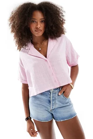 Bershka Linen look short sleeve boxy shirt in