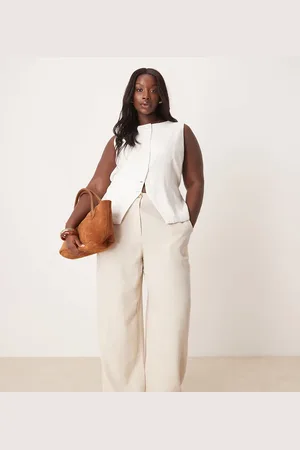 ASOS Curve relaxed straight leg trousers with linen in stone