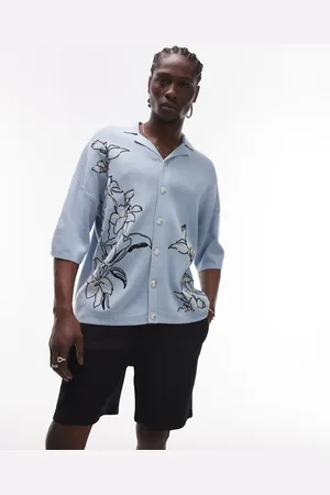 Topman Relaxed revere knitted embroidered floral shirt in light