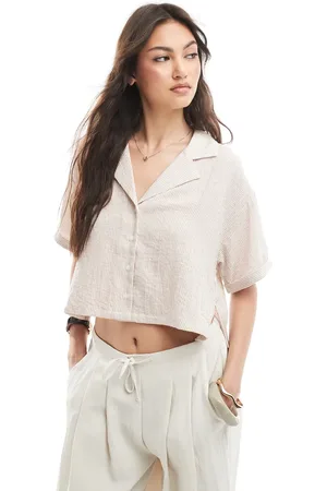 Bershka Linen look short sleeve boxy shirt in beige stripe