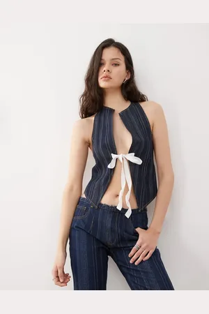 Lioness Denim halterneck contrast bow split front top co-ord in dark denim stripe