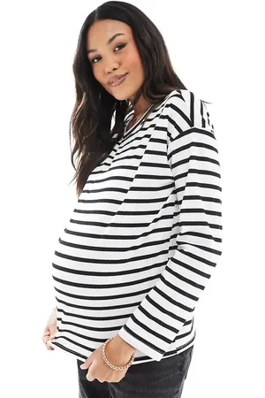 Mama;licious Mamalicious Maternity long sleeved waffle jersey top in mono stripe