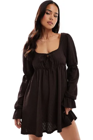 Miss Selfridge Long sleeve milkmaid smock dress in chocolate