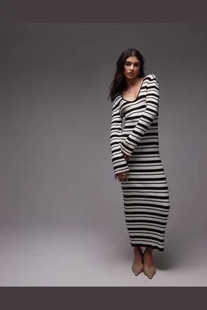 Topshop Scoop neck ribbed maxi dress in olive stripe
