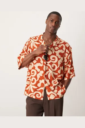 ASOS Oversize boxy shirt with abstract summer print and half sleeve in terracotta viscose