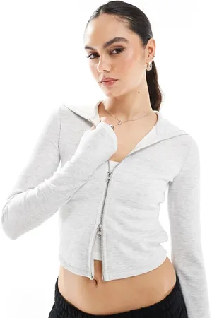 Bershka Soft touch zip-up hoodie in light grey