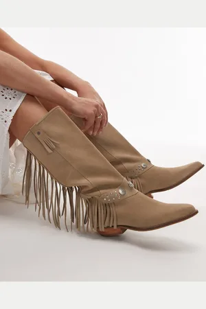 Bronx Kendr-a tassel western knee boots in oatmilk washed suede