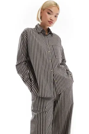 Threadbare Co-ord relaxed fit shirt in chocolate brown stripe