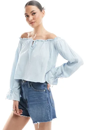 Bershka Crinkle bardot top in light