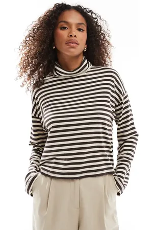 AWARE Roll neck jersey top in cream and brown stripe