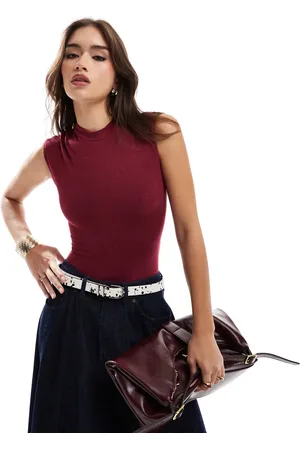 Bershka High neck short sleeve bodysuit in burgundy