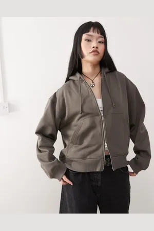 Weekday Essence boxy fit zip through hoodie in dark mole