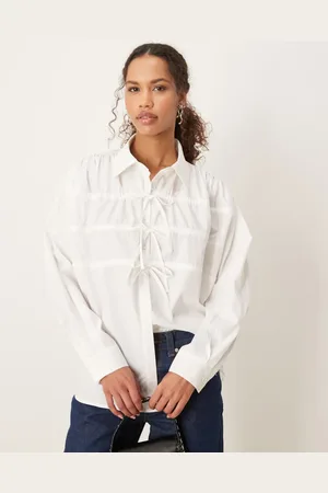 Ghospell Drawstring bow detail shirt top in pearl ivory