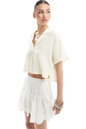 Bershka Linen look short sleeve boxy shirt in butter