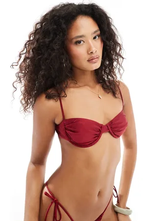 Bershka Satin tie front bikini top co-ord in burgundy