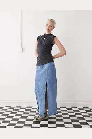 Monki Western style denim maxi skirt in vintage wash
