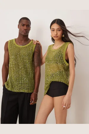 Sister Jane Unisex crochet sequin vest top in lime
