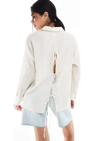 Bershka Tie back crinkle oversized shirt in ecru