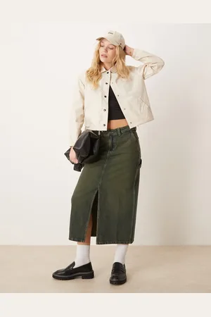 Dickies Long denim carpenter skirt with front slit in green tone light