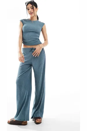 Pull&Bear Textured wide leg trouser co-ord in teal