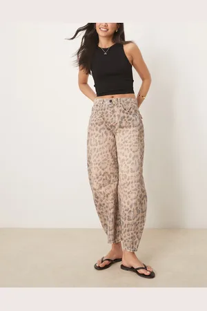 Free People Good luck barrel leg leopard print jean in natural