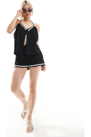 The Frolic Exclusive cotton cheesecloth contrast ric rac trim open tie front halterneck beach top co-ord in