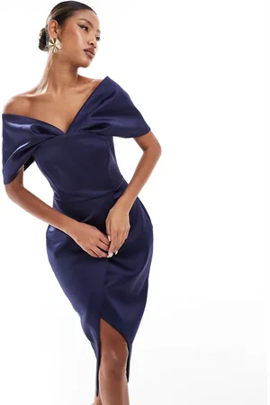 Lavish Alice Draped bardot bonded satin midi dress in