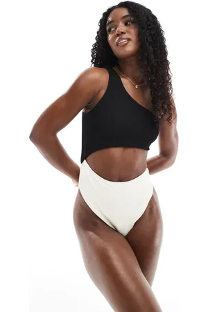 The Frolic Exclusive one shoulder cut out swimsuit in and cream colourblock